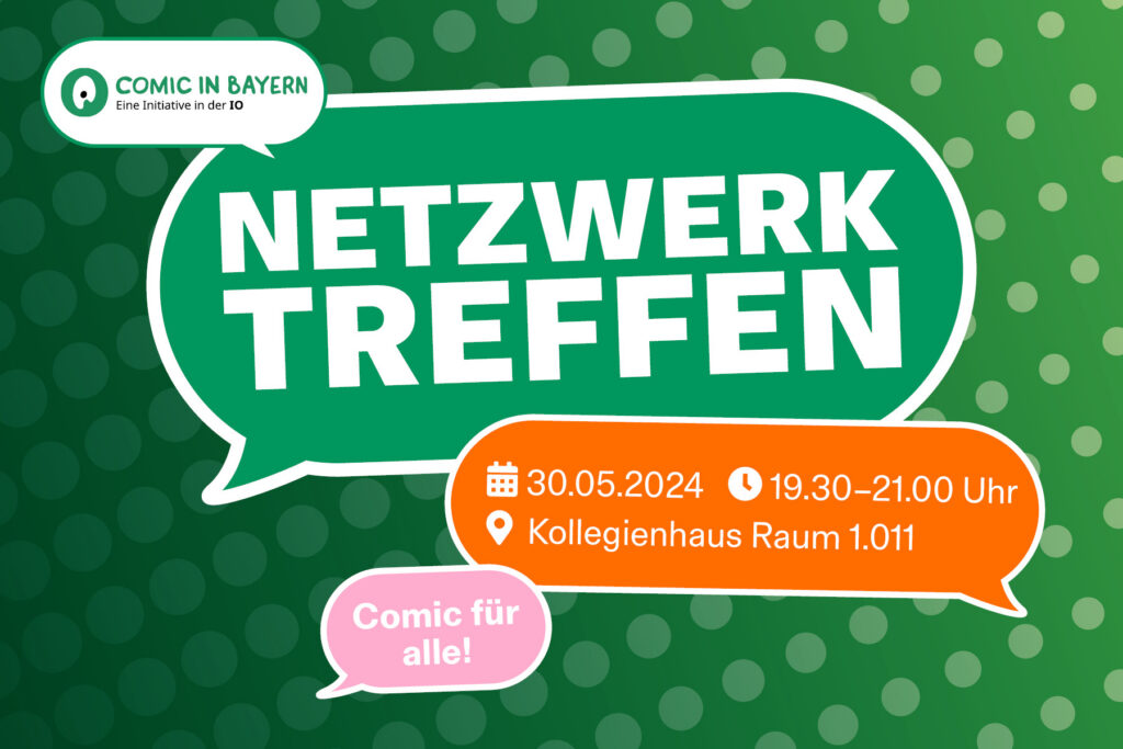 Sprechblasen die das Netzwerktreffen in Erlangen zum Comicsalon Erlangen ankündigen.