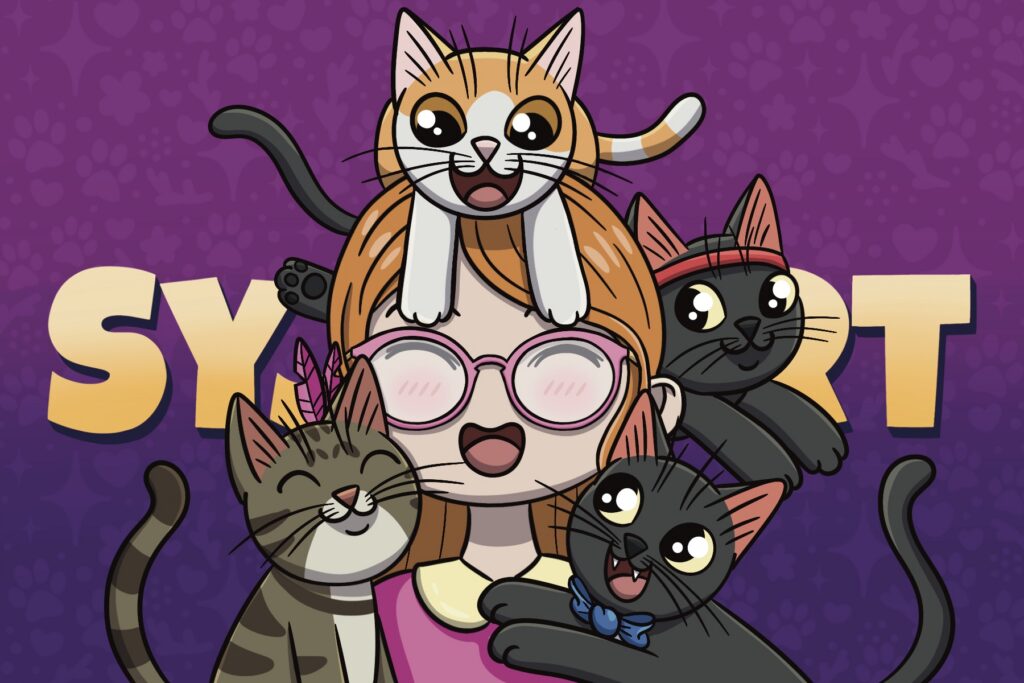 Eine Person mit Brille wird von mehreren Katzen angekuschelt.