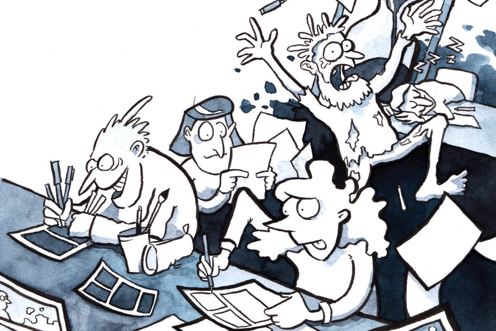 Comiczeichner die wie wild gegen die Zeit zeichnen.