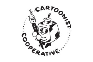 Eine Tuschenfeder und ein Pinselfass umarmen sich und schauen uns grinsend an, währned der Schriftzug Cartoonist Cooperative kreisförmig um sie schwebt.