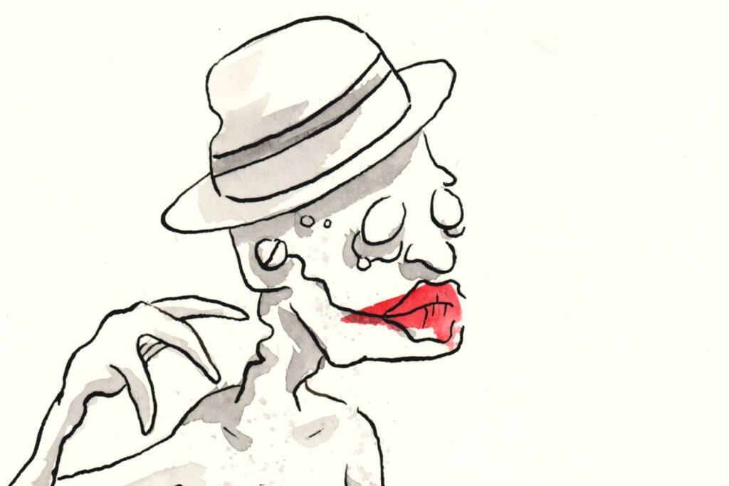 Eine Person mit roten Lippen und einem Melonen Hut.