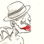 Eine Person mit roten Lippen und einem Melonen Hut.