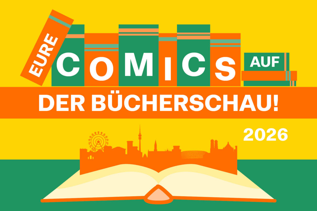 Die Titelgrafik zur Anmeldung der Münchner Bücherschau 2026 mit Überschrift und einer Münchner Skyline auf einem aufgeschlagenen Buch.