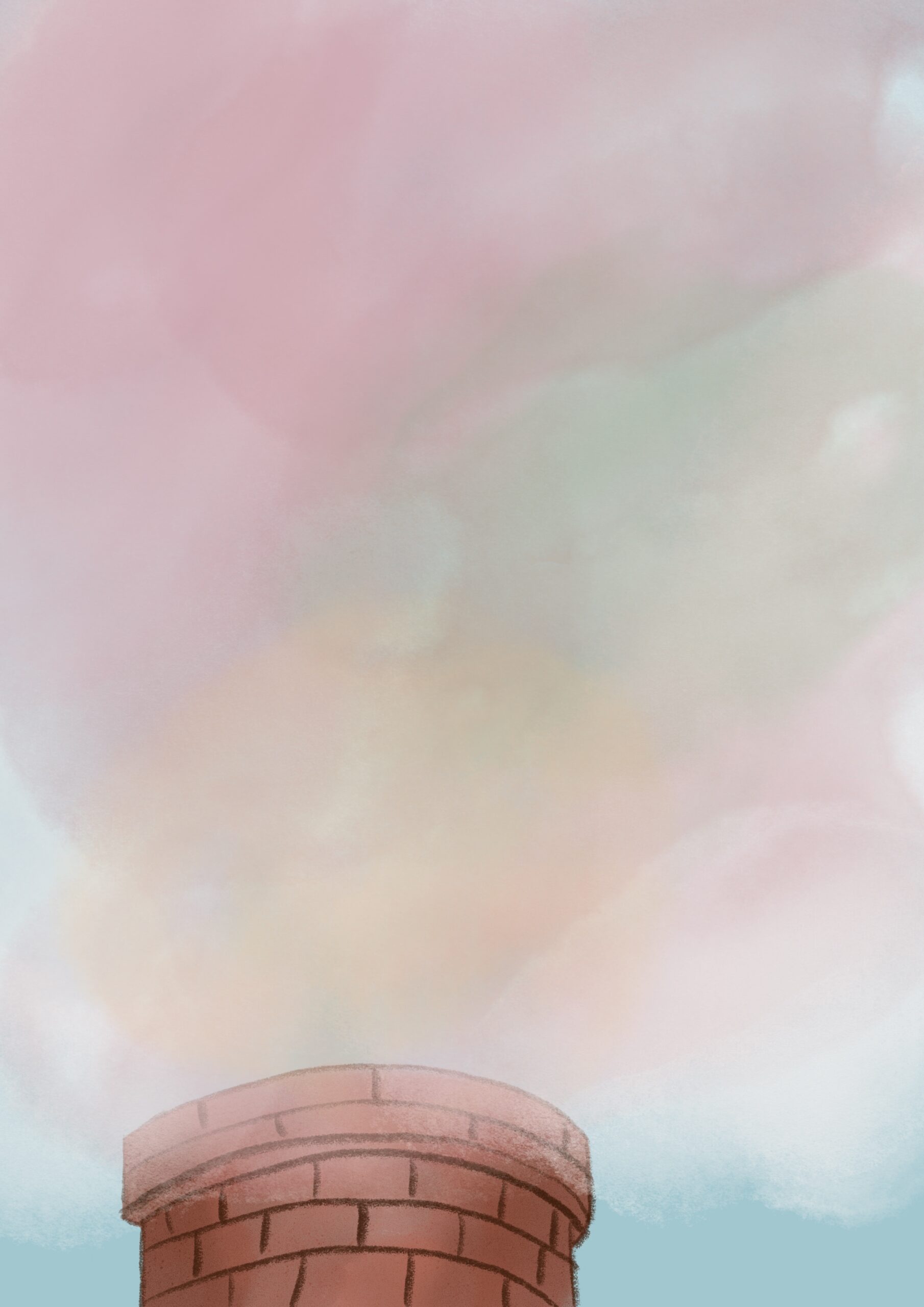 Ein Schornstein, aus dem pastellfarbene Wolken steigen.