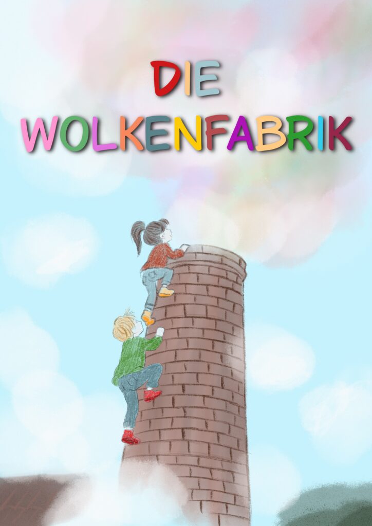 Comic-Cover „Die Wolkenfabrik“: Zwei Kinder klettern einen hohen, gemauerten Schornstein hinauf. Um sie herum schweben weiße und pastellfarbene Wolken vor hellblauem Himmel. Darüber steht der Titel in großen, bunten Buchstaben.