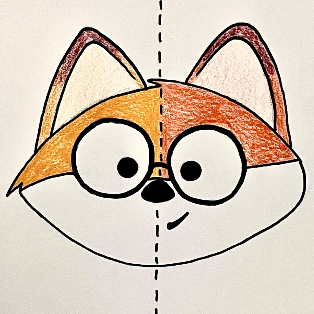 Ein handgezeichneter Fuchs mit Brille. Rechte und linke Seite getrennt koloriert.